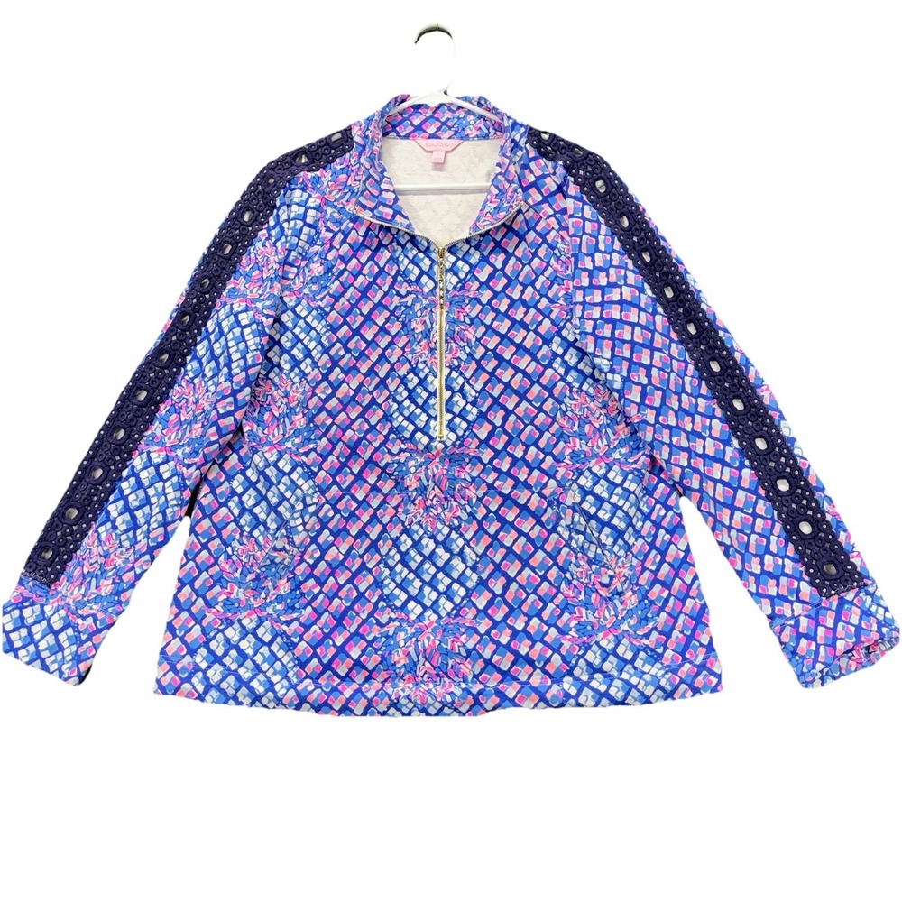 Lilly Pulitzer Skipper Popover‎ Womens Large Geometric Long Sleeves 1/2 Zip